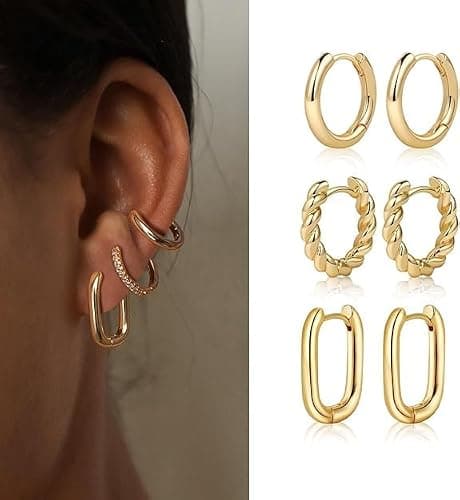 14K Gold Hoop Earrings for Women Lightweight Chunky Hoop Earrings Multipack Hypoallergenic, Thick Open Twisted Huggie Hoops Earring Set Jewelry for Gifts thumbnail 2