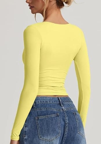 QINSEN Women's Long Sleeve V Neck T Shirts Double Lined Crop Top Seamed Cup Going Out Tops thumbnail 4