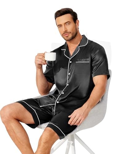 Ekouaer Pajamas for Men Silk Satin Pjs Summer Short Sleeve Sleepwear Comfort Loungewear with Pockets,Black,L thumbnail 4