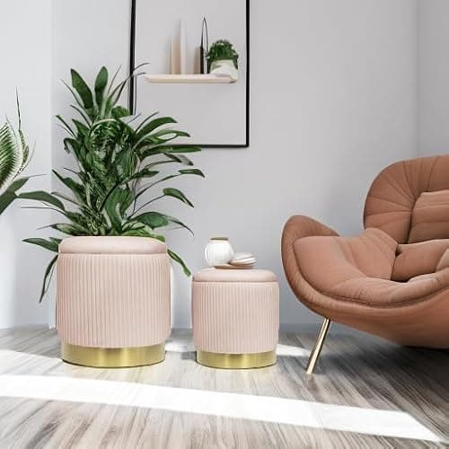 2BYF Round Ottoman with Storage Set of 2 Upholstered Velvet Vanity Stool for Living Room Storage Ottomans Multifunctional Foot Rest (Pink) thumbnail 6