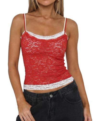 QINSEN Two-Tone Double Layer Lace Cami Tank for Women Scoop Neck Spaghetti Straps Sleeveless Camisole Shirts Red L - Image 1