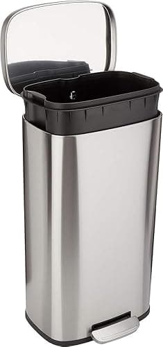 Amazon Basics Smudge Resistant Rectangular Trash Can with Soft-Close Lid, Foot Pedal, Removable Inner Bucket, 30 Liter/7.9 Gallon, Brushed Stainless Steel, Satin Nickel Finish, 13.8"L x 11.8"W x 25"H - Image 1