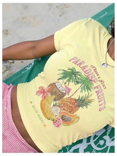 Floerns Girl's Y2K Floral Graphic T Shirt Casual Short Sleeve Crew Neck Cute Summer Tops Yellow Fruit 12Y thumbnail 2