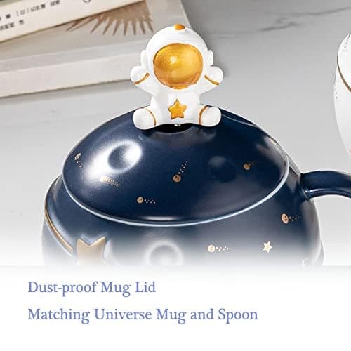 Yalucky Kawaii Astronaut Cup Space Embossed Planet Mug, Cute Ceramic Coffee Mug, Novelty Mug with Lid and Spoon for Coffee, Tea, Milk, Aesthetic Room Decor Funny Gift for Girl Boy Women (Dark blue) thumbnail 5