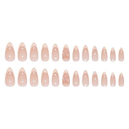 24pcs French Tip Press on Nails Medium Almond Fake Nails with Charms Designs Bow False Nails Stick on Nails Full Cover Glossy Artificial Nails for Women Girl Nail Decoration Supplies thumbnail 4