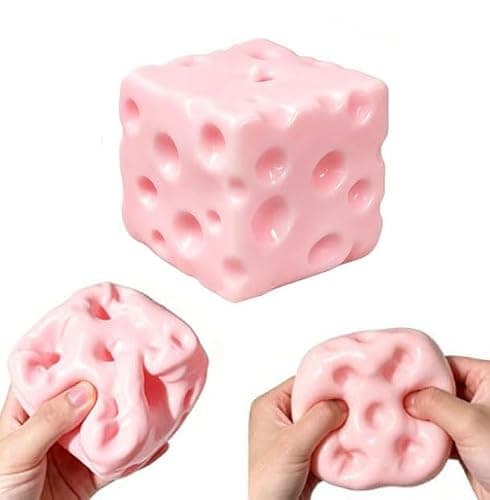 Pink Cheese Squishy Toy - Moldable Dough Texture Stress Relief Sensory Fidget Toys for Adults & Kids - Swiss Cheese Squeeze Toys for Anxiety - Image 1
