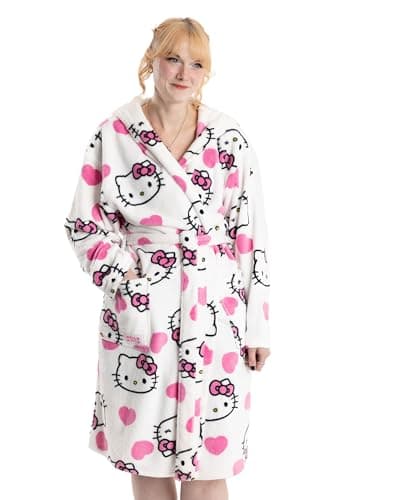 Hello Kitty Womens White Hooded Bathrobe | Cosy Fleece Loungewear with Pink Accents & Long Sleeves | Cartoon Character Design | Perfect for Relaxing Days Merch - L-XL thumbnail 4