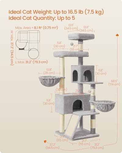 Feandrea Cat Tree, 68.5-Inch Tall Cat Tower, Multi-Level Plush Condo with Large Perch, Scratching Posts, Double Caves, Dove Gray UPCT006G01 thumbnail 5