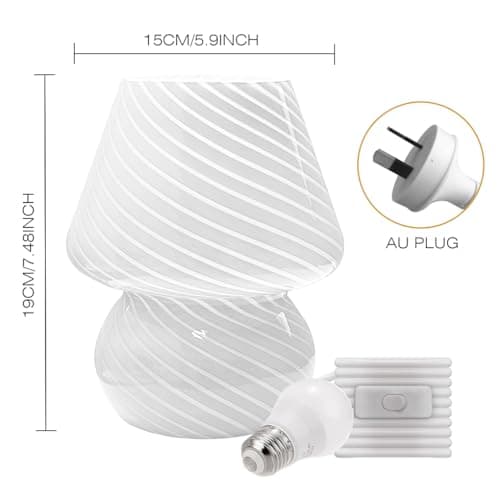 Clora Mushroom Lamp Glass Table Bedside Lamps Translucent Vintage Style Striped Night Light Home Decor (White) thumbnail 9