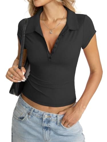 Eachyes Womens Polo Short Sleeve Shirts Golf Collared Summer Tops Tight Business Casual Outfits Sexy V Neck Tee Cap Sleeve Button Down T Shirts Work Going Out Clothes 2026 Black Medium - Image 1