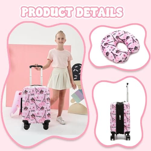 Esteemly Kid's Luggage Set 3 Piece Suitcase Set 16" Hardside Luggage with Spinner Wheels Girls Carry on Toddler Travel Rolling Suitcase with Duffle Bag Neck Pillow Airline Approved thumbnail 5