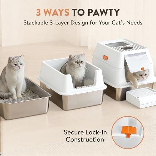 XL Stainless Steel Cat Litter Box with Enclosure and Pooper Scooper - Durable Black Metal Litter Box for Big Cats, High Sides for Anti-Leakage, Never Absorbs Odors, Non-Sticky - (60x40cm) (White) thumbnail 4