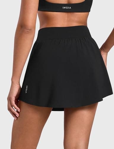 INGIA Womens Flared A-Line Tennis Skirts Lined with Side Pockets- Quick-Dry Sports Workout Tennis Casual Golf Skorts Black Medium thumbnail 2