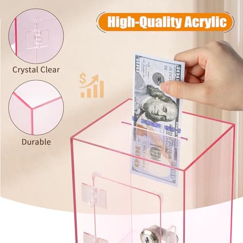 Hicocool Clear Piggy Bank with Lock, Acrylic Piggy Bank for Adults Kids Openable, Reusable Money Saving Box with Key for Birthday (Pink) thumbnail 4