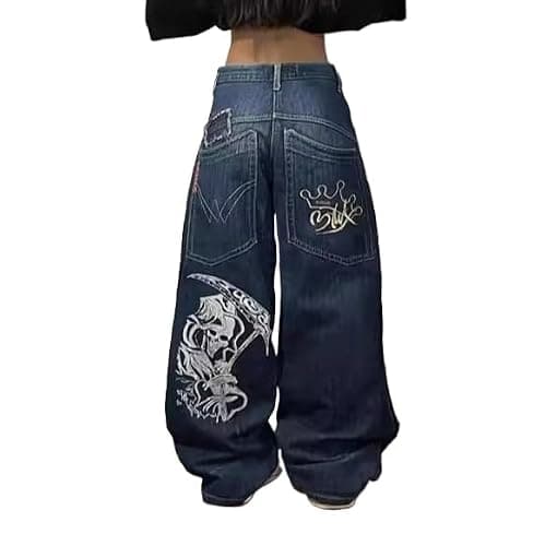 Unisex Y2K Hip Hop Street Jeans Skeleton Printed Gothic Baggy Jeans Vintage High Waist Denim Jeans Wide Leg Pants - Image 1