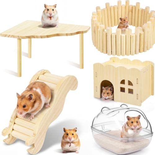 5 Pcs Hamster Platform Wooden Fence Bridge Ladder Climbing Toy Hidden House Exploring Toy with Hamster Bath Container Decor Cage Accessories for Small Animals Dwarf Syrian Gerbils Squirrel(Classic) - Image 1