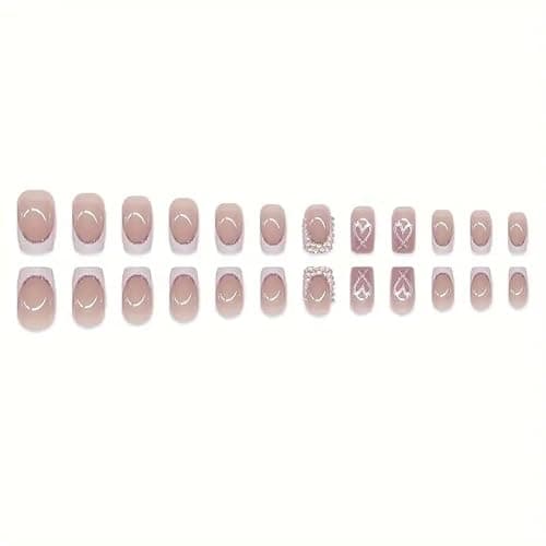 White French Tip Press on Nails Duck Feet Shaped Medium With Rhinestone Designs Nude Pink Stick on Valentine Heart False Glue on Nails for Women Manicure Art - style 3 thumbnail 5