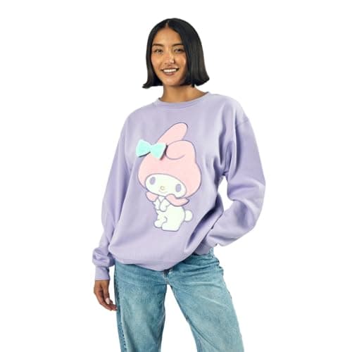 Bioworld My Melody Big Face Plush Character Women's Purple Crew Neck Long Sleeve Oversized Fleece Sweatshirt thumbnail 7