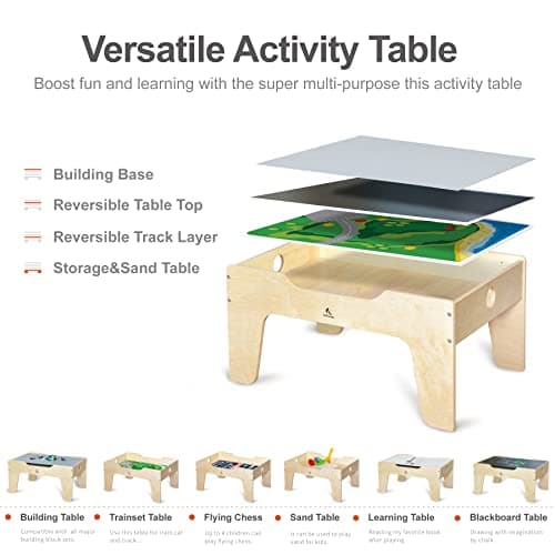 KRAND Kid's All-in-One Activity Play Table with 290 Building Bricks and 30-Piece Wooden Train Set Railway,Cars,Track and Accessories for Toddlers Boys and Girls Children's Toy Playset Game Desk - Regular Baseplate Version thumbnail 5