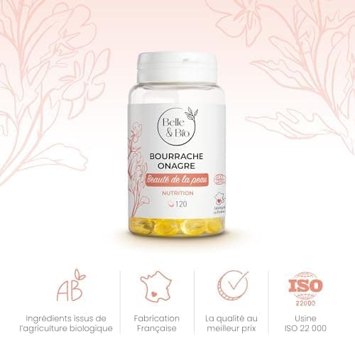 PEAU BELLE & SAINE - Riche en Oméga 6 - Bourrache Onagre Bio certifié Ecocert - 120 capsules - Cure 1 mois - Complément Alimentaire BELLE&BIO - Fabriqué en France thumbnail 6