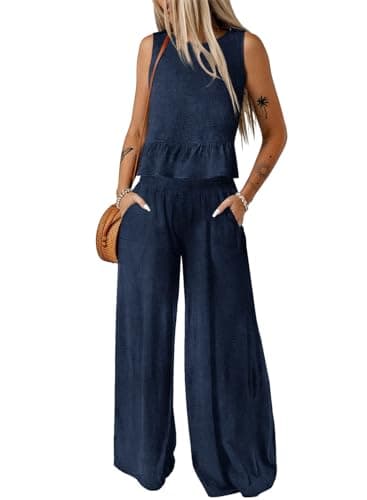 Dokotoo Pants Sets Women 2 Piece Outfits Sleeveless Round Neck Tank Tops Matching Sets for Women Elastic Waist Wide Leg - Image 1
