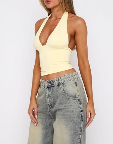 TiulZial Womens Backless Halter Tops Deep V Neck Sexy Crop Tank Top Open Back Sleeveless Slim Fit Y2k Summer Tops Light Yellow Crop Top,L thumbnail 2