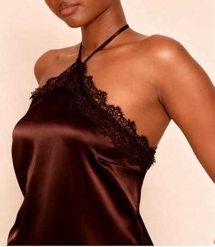 Giraropa Women Lace Trim Halter Neck Tank Top Slim Fit Silk Satin Tops | Sexy Tie Up Backless Shirt, Summer Streetwear thumbnail 3