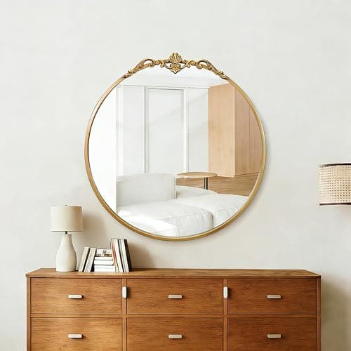 LOVNAHO Vintage Round Wall Mirror, 19 Inch Gold Frame, Baroque Arched Decorative Vanity Mirror for Bathroom, Bedroom, Hallway (Antique Gold, 19x18) thumbnail 9