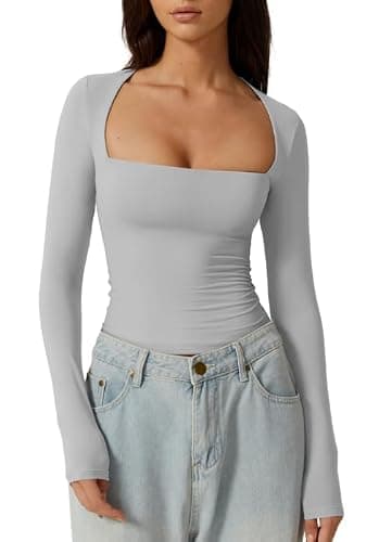 QINSEN Women's Sexy Square Neck Shirt Long Sleeve Double Lined Tees Fitted Going Out Tops - Image 1