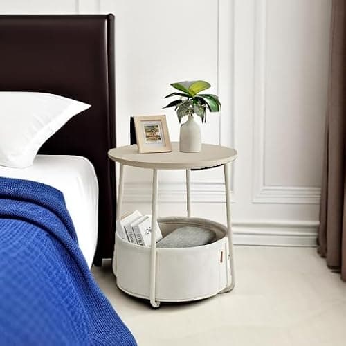 VASAGLE LILEA Collection - Small Round Side End Table, Modern Nightstand with Fabric Basket, Cream White ULET223K67 thumbnail 6