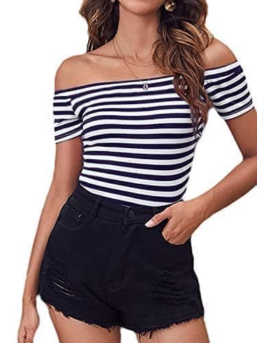 LilyCoco Off The Shoulder Tops for Women Striped Short Sleeve Sexy Going Out Top thumbnail 5