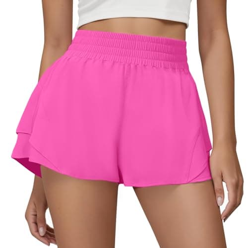 FireSwan Running Shorts for Women 2 in 1 High Waisted Quick Dry Butterfly Flowy Athletic Gym Yoga with Pockets Hot Pink Medium - Image 1