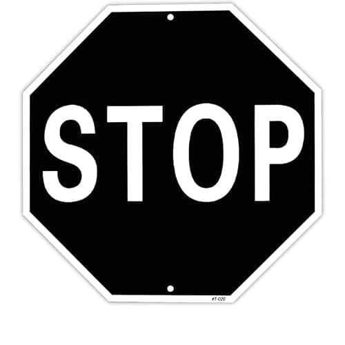 Black Stop Sign, 12 x 12 Inch Aluminum Metal Wall Decor Sign | UV Printed Aluminum Stop Sign with Pre-Drilled Holes for Garage, Bar, Home, Office and Indoor Outdoor Wall Decor - Image 1