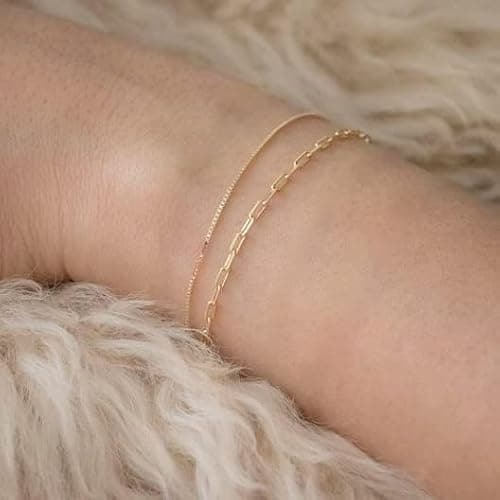 CAROVO Gold Bracelets for Women 14k Gold Plated Bracelets for Women Bracelets Sets Dainty Herringbone Paperclip Satellite Box Link Chain Anklet Bracelet Jewelry for Gifts. thumbnail 4
