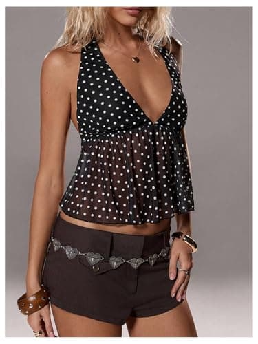 Milumia Women's Y2K Polka Dots Tie Backless Halter Top V Neck Ruffle Hem Peplum Going Out Crop Tank Tops Black Large thumbnail 3