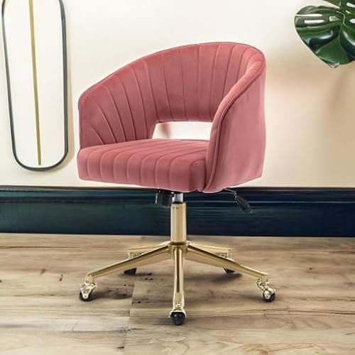 Nrizc Velvet Home Office & Living Room Desk Chairs with Adjustable Swivel Wheels, Ergonomic Upholstered Office Chair for Bedroom, Vanity Study (Rose) thumbnail 6