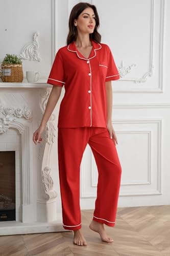QZH.DUAO Girl & Women's 100% Cotton Short Sleeves and Long Pants Pajama Set,2-Piece, 5 Years - Large, Red, 11-12 Years thumbnail 5
