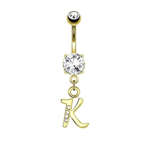 14G Sparkly Clear Gem-Paved Initial Dangle Belly Ring - Image 1
