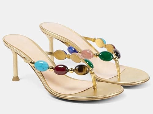Coutgo Womens Gold Heeled Sandals Jeweled Kitten Heel Starppy Flip Flop Backless Open Toe Slides Boho Summer Vacation Beach Shoes thumbnail 4
