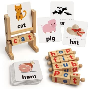 Coogam Wooden Reading Blocks Short Vowel Rods Spelling Games, Flash Cards Turning Rotating Letter Puzzle for Kids, Sight Words Montessori Spinning Alphabet Learning Toy for Preschool Boys Girls - Image 1
