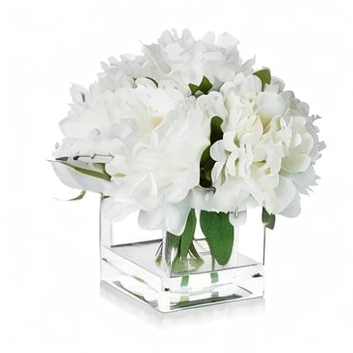 ENOVA FLORAL 7 Heads Peonies Artificial Flowers in Vase, Small Fake Silk Flowers with Vase, Artificial Floral Arrangements with Vase for Dining Table (White) thumbnail 7