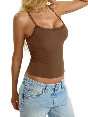 EasyGala Womens Cotton Lace Camisole Scoop Neck Sexy Cami Top Adjustable Strap Going Out Tops Y2K Summer Clothes Trendy Slim Fit Shirt Low Cut Fashion Sleeveless Tank Tops 2025 Brown S thumbnail 4