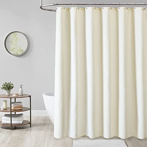 Ivory Fabric Shower Curtain - Waffle Textured Heavy Duty Cloth Curtains for Bathroom, 256GSM Hotel Luxury Weighted Polyester Bath Curtain Set with 12 Plastic Hook, 72Wx72H,Cream/Ivory thumbnail 6