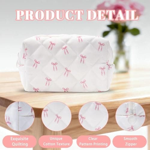 BACDOILQ Quilted Makeup Bag, Pink Bow Cotton Cosmetic Bag, Coquette Makeup Pouch for Women Girls, Aesthetic Organizer Bags Travel Toiletry Bags thumbnail 3