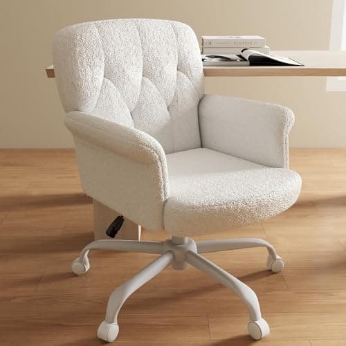 Keratee Teddy Fleece Office Chair, Comfy Home Office Desk Chair with Adjustable Height & 360° Swivel, Ergonomic Computer Chair for Long Hours, Multi-Functional Vanity/Makeup Chair, White thumbnail 8