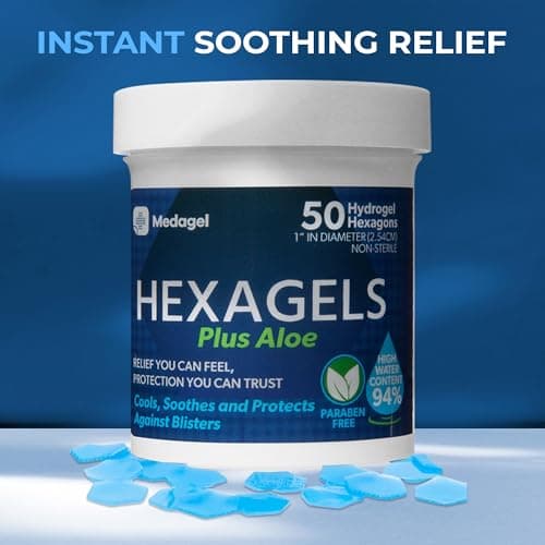 Hexagels Plus Aloe Vera - Advanced Healing Hydrogel Pads for Blister Prevention & Soothing Burn Care - Foot, Heel, Toe, & Ankle Protection, Pack of 50, 1-Inch Patches, by Medagel, Paraben Free Formula thumbnail 2
