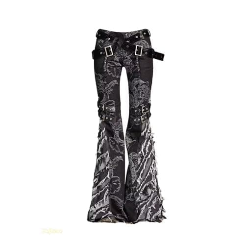 Xojbzoo Y2K Grunge Flare Leg Jeans - Punk Aesthetic Denim Pants with Tassel & Horn Accents, Includes Belt - Image 1