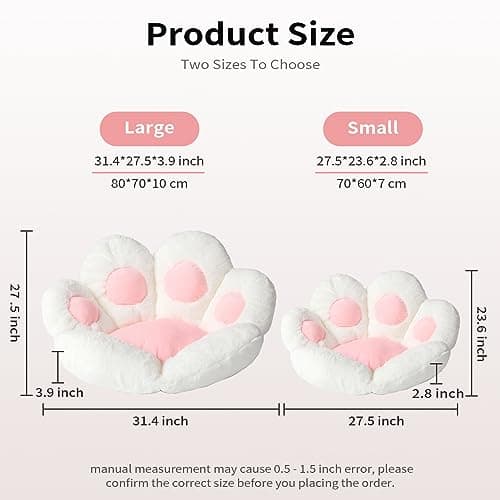 Ditucu Cat Paw Cushion Kawaii Chair Cushions 31.4 x 27.5 inch Cute Stuff Seat Pad Comfy Lazy Sofa Office Floor Pillow for Gaming Chairs Room Decor White - White a - Large thumbnail 3