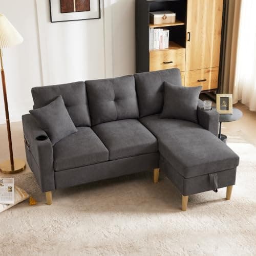 Merax L-förmiges Ecksofa mit Chaiselongue, 3-Sitzer Sofa mit Stauraum und Getränkehalter, Modernes Polstersofa aus Baumwoll-Leinen Stoff mit 2 Kissen, L Sofa für Wohnzimmer, Büro und Wohnung - Image 1