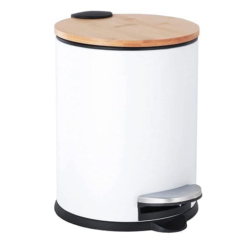 Trash Can with Bamboo Lid Soft Close, 3L Mini Pedal Bin, Round Garbage Can with Inner Bucket for Bathroom, Bedroom, Powder Room, Office, Desk, Car (White) - Image 1